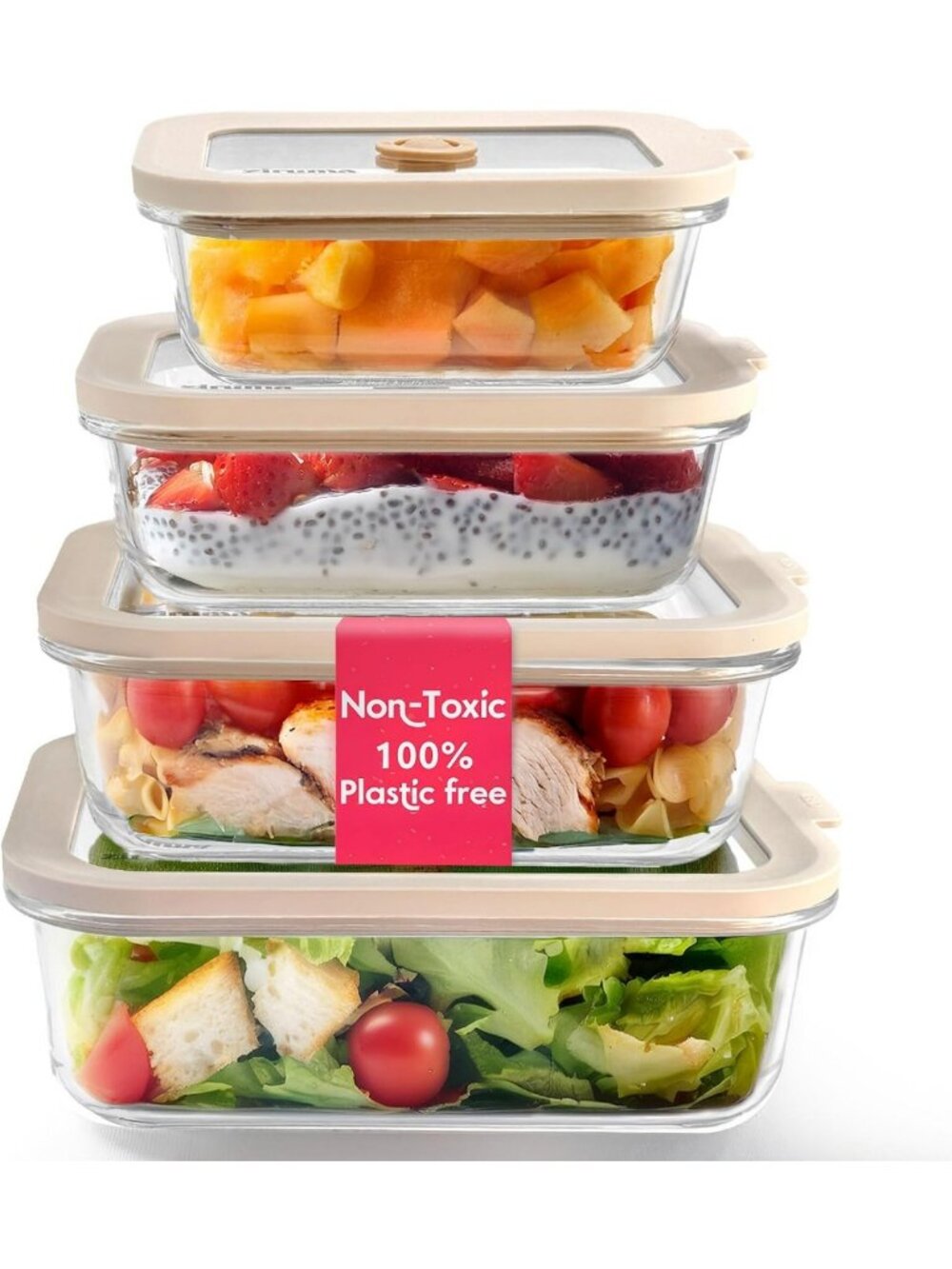 Eco-Friendly Non-Toxic Glass Food Storage Containers, 4-Pack, Multi-Size, Beige
